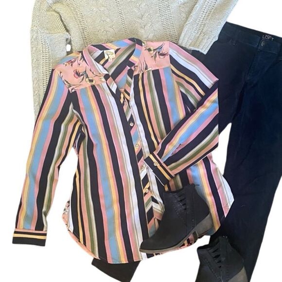 Anthropologie Fig & Flower Multi Stripe & Flora Long Sleeve Button Shirt Women L - Picture 1 of 9
